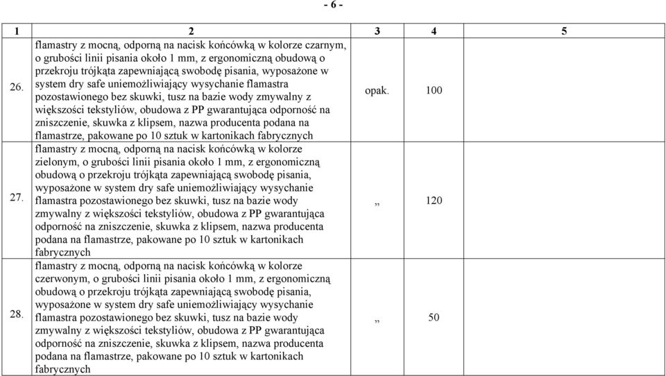 100 większości tekstyliów, obudowa z PP gwarantująca odporność na zniszczenie, skuwka z klipsem, nazwa producenta podana na flamastrze, pakowane po 10 sztuk w kartonikach fabrycznych flamastry z