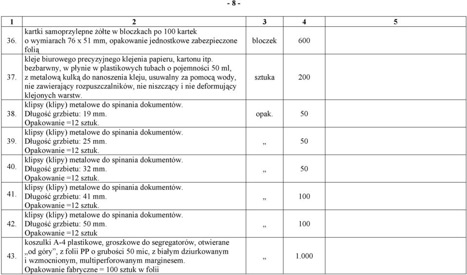 bezbarwny, w płynie w plastikowych tubach o pojemności 50 ml, z metalową kulką do nanoszenia kleju, usuwalny za pomocą wody, sztuka 200 nie zawierający rozpuszczalników, nie niszczący i nie