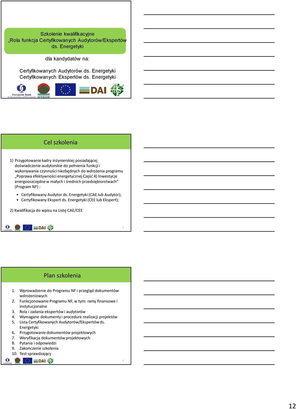 efektywności energetycznej Część 4) Inwestycje energooszczędne w małych i średnich przedsiębiorstwach (Program NF) : Certyfikowany Audytor ds. Energetyki (CAE lub Audytor); Certyfikowany Ekspert ds.