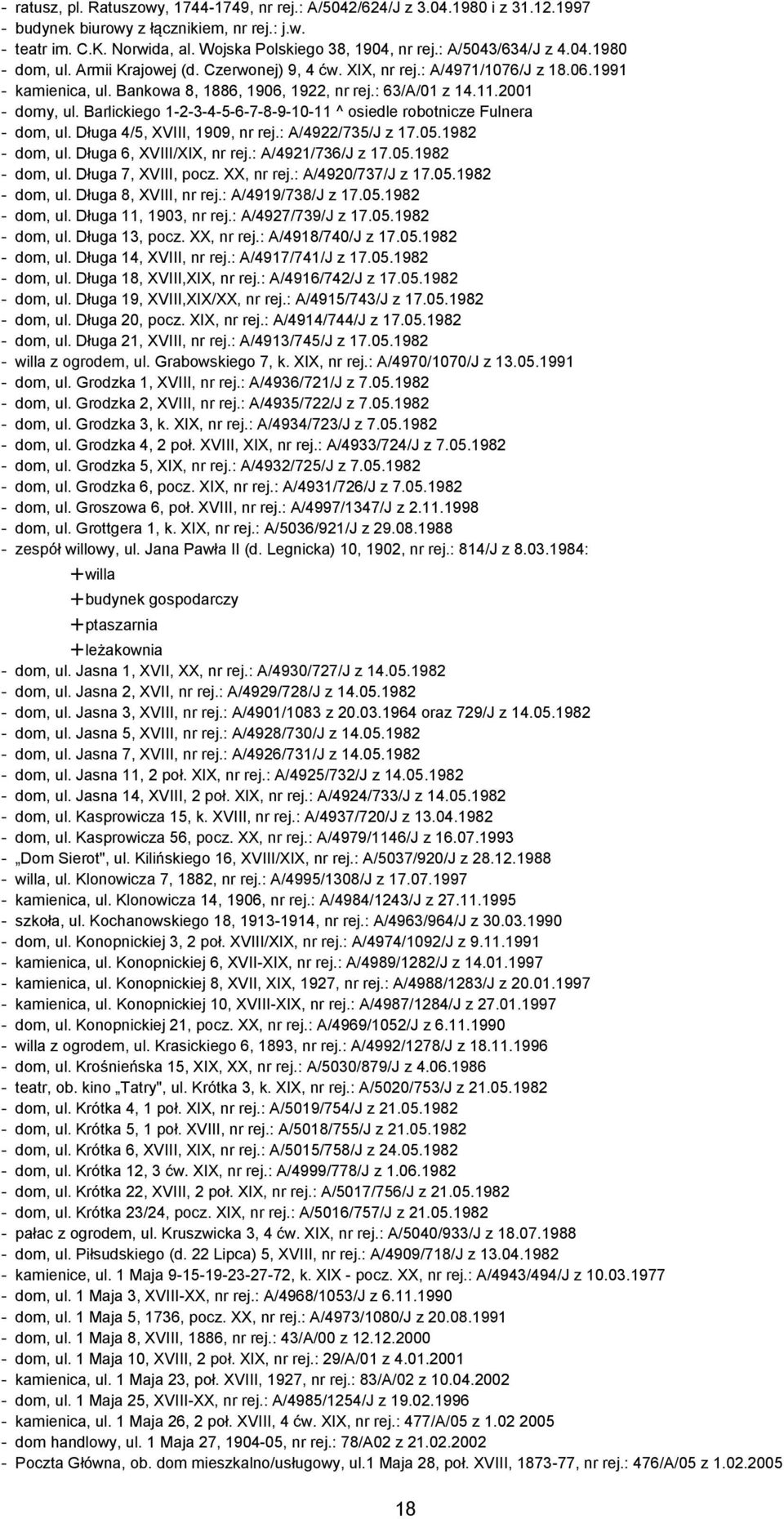 2001 - domy, ul. Barlickiego 1-2-3-4-5-6-7-8-9-10-11 ^ osiedle robotnicze Fulnera - dom, ul. Długa 4/5, XVIII, 1909, nr rej.: A/4922/735/J z 17.05.1982 - dom, ul. Długa 6, XVIII/XIX, nr rej.