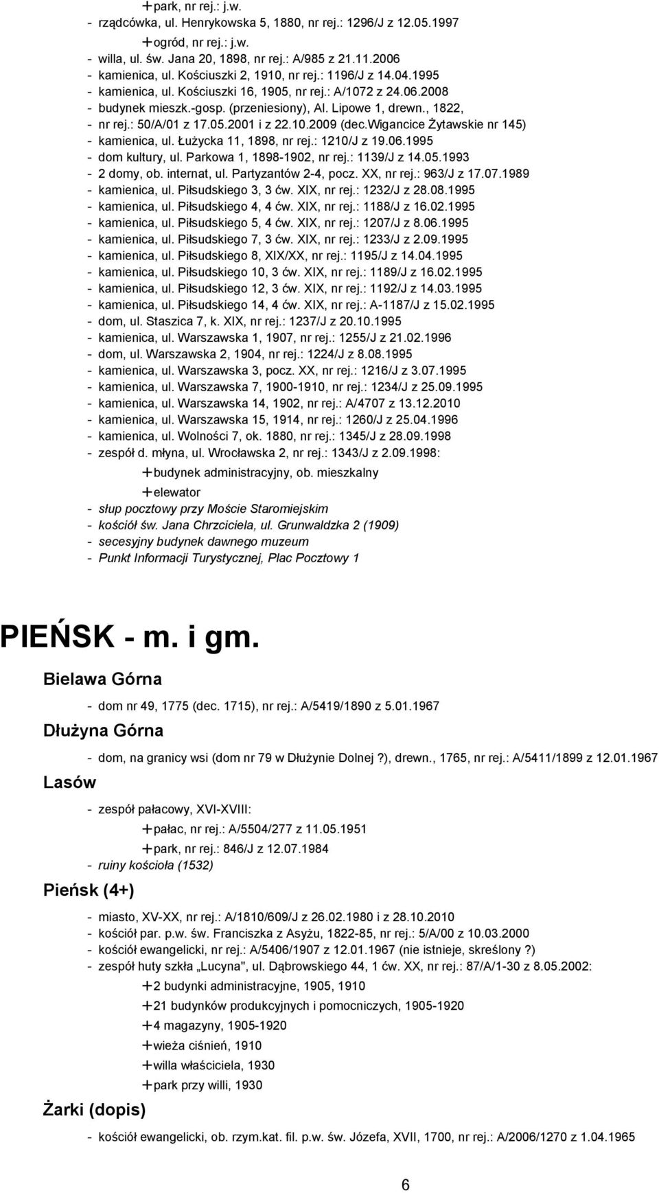 : 50/A/01 z 17.05.2001 i z 22.10.2009 (dec.wigancice Żytawskie nr 145) - kamienica, ul. Łużycka 11, 1898, nr rej.: 1210/J z 19.06.1995 - dom kultury, ul. Parkowa 1, 1898-1902, nr rej.: 1139/J z 14.05.1993-2 domy, ob.