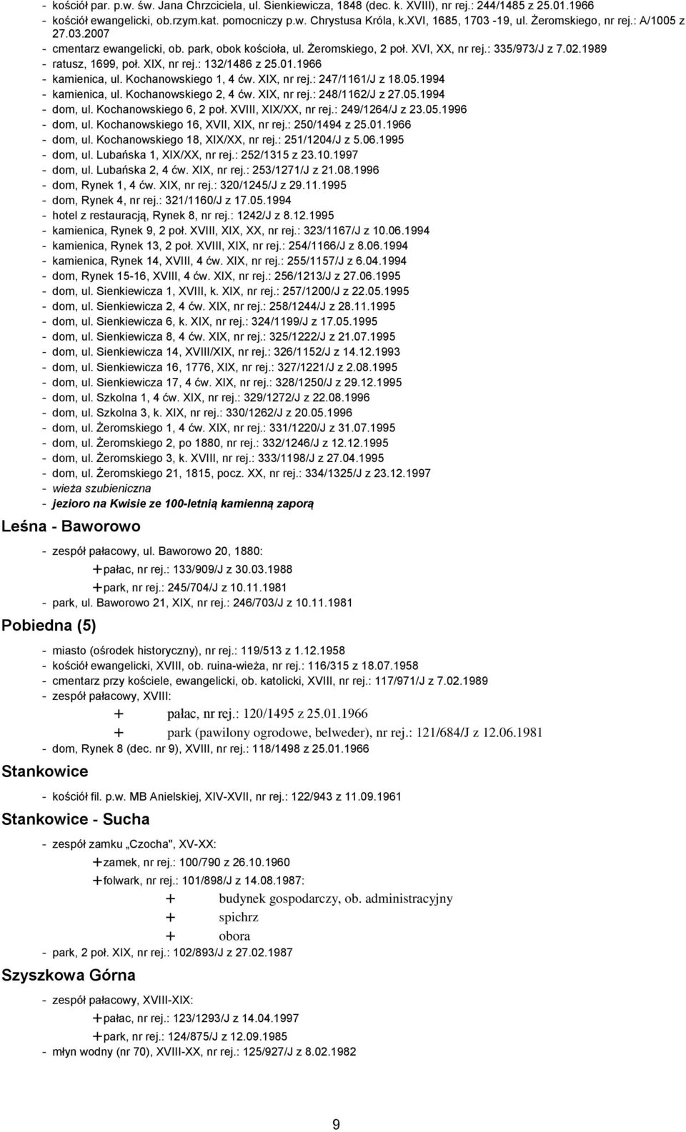 XIX, nr rej.: 132/1486 z 25.01.1966 - kamienica, ul. Kochanowskiego 1, 4 ćw. XIX, nr rej.: 247/1161/J z 18.05.1994 - kamienica, ul. Kochanowskiego 2, 4 ćw. XIX, nr rej.: 248/1162/J z 27.05.1994 - dom, ul.