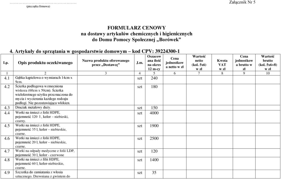 5x6) Kwota VAT jednostkow a brutto w zł 1 2 3 4 5 6 7 8 9 10 4.1 Gąbka kąpielowa o wymiarach 14cm x szt 240 9cm. 4.2 Ścierka podłogowa wzmocniona wiskoza (60cm x 50cm).