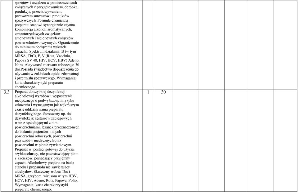 Ograniczenie do minimum obciążenia wskutek zapachu. Spektrum działania: B (w tym MRSA, TbC), F, V (Rota, Vaccinia, Papova SV 40, HIV, HCV, HBV) Adeno, Noro. Aktywność roztworu roboczego 30 dni.