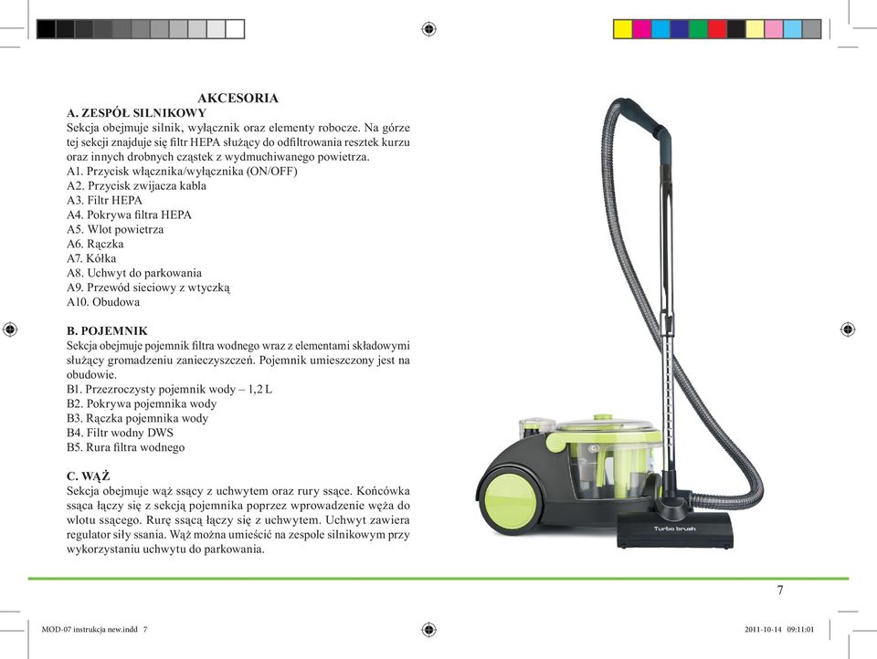 Przycisk zwijacza kabla A3. Filtr HEPA A4. Pokrywa filtra HEPA A5. Wlot powietrza A6. Rączka A7. Kółka A8. Uchwyt do parkowania A9. Przewód sieciowy z wtyczką A10. Obudowa B.