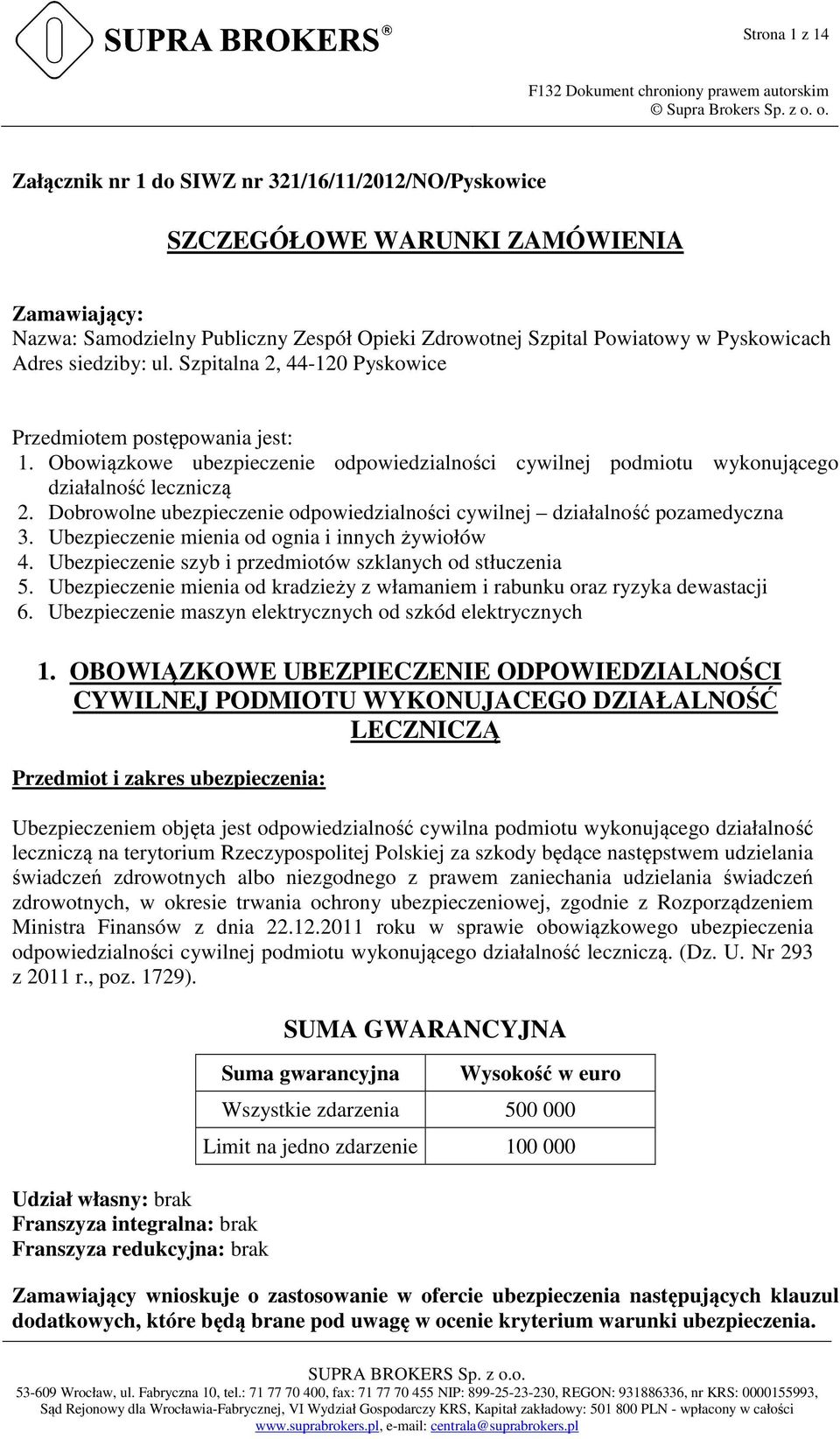 Dobrowolne ubezpieczenie odpowiedzialności cywilnej działalność pozamedyczna 3. Ubezpieczenie mienia od ognia i innych żywiołów 4. Ubezpieczenie szyb i przedmiotów szklanych od stłuczenia 5.