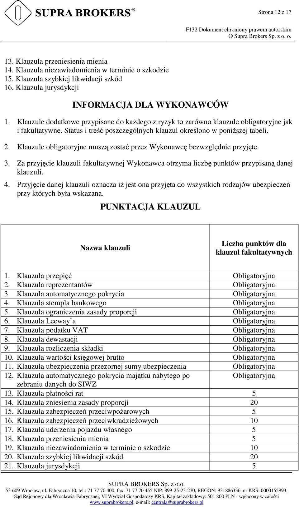 Klauzule obligatoryjne muszą zostać przez Wykonawcę bezwzględnie przyjęte. 3. Za przyjęcie klauzuli fakultatywnej Wykonawca otrzyma liczbę punktów przypisaną danej klauzuli. 4.