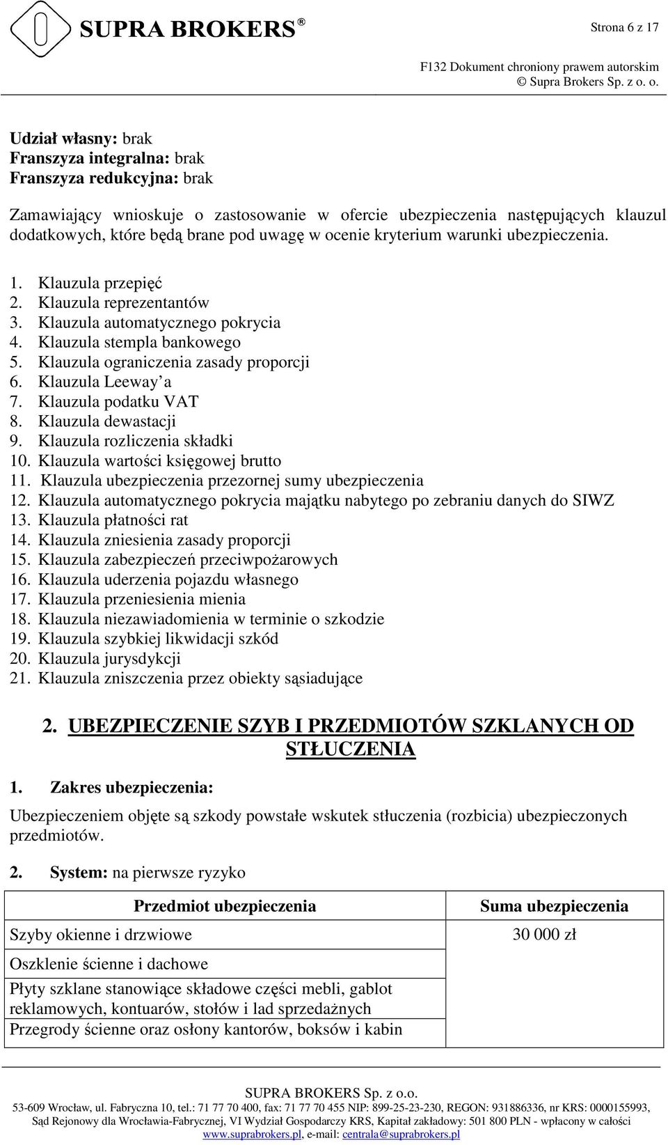 Klauzula ograniczenia zasady proporcji 6. Klauzula Leeway a 7. Klauzula podatku VAT 8. Klauzula dewastacji 9. Klauzula rozliczenia składki 10. Klauzula wartości księgowej brutto 11.