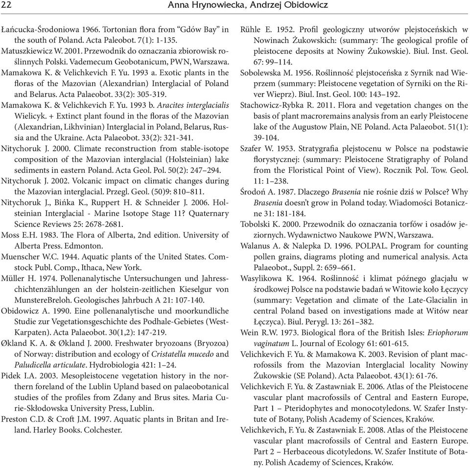 Exotic plants in the floras of the Mazovian (Alexandrian) Interglacial of Poland and Belarus. Acta Palaeobot. 33(2): 305-319. Mamakowa K. & Velichkevich F. Yu. 1993 b.