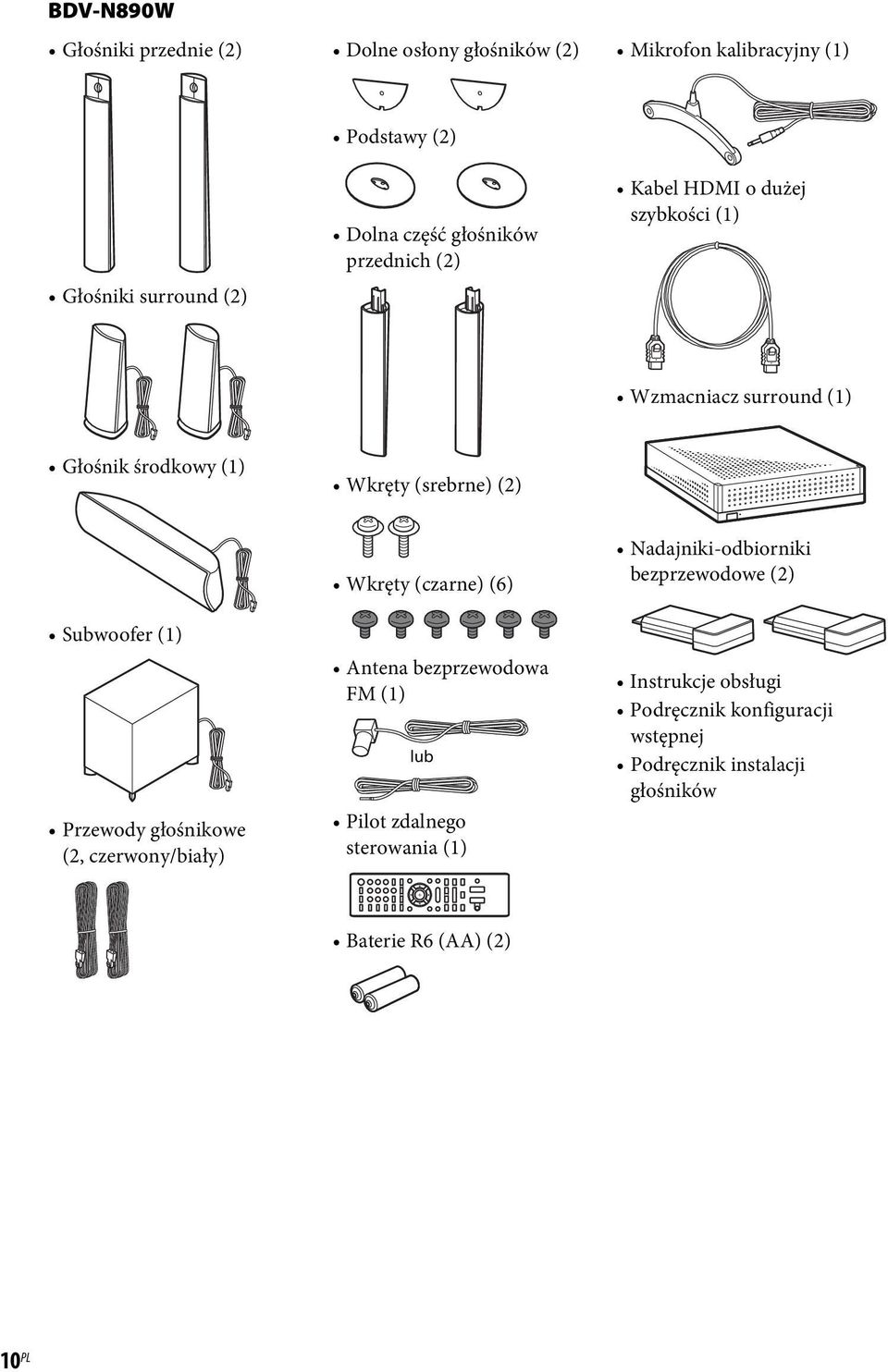 (1) Przewody głośnikowe (2, czerwony/biały) Wkręty (czarne) (6) Antena bezprzewodowa FM (1) lub Pilot zdalnego sterowania (1)