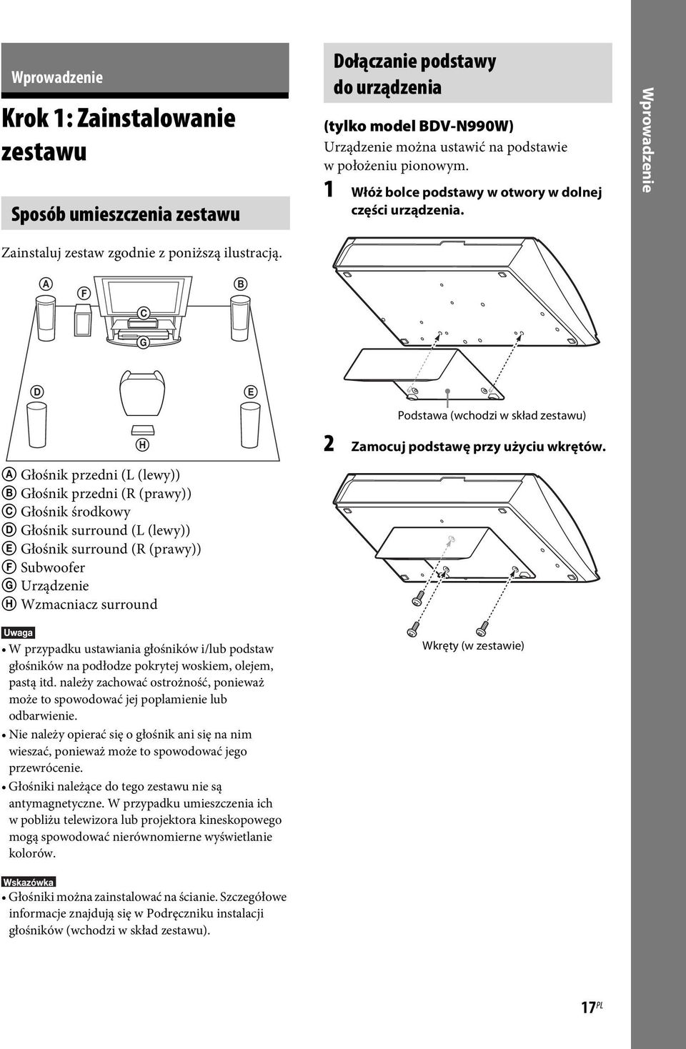 A F C B G D H A Głośnik przedni (L (lewy)) B Głośnik przedni (R (prawy)) C Głośnik środkowy D Głośnik surround (L (lewy)) E Głośnik surround (R (prawy)) F Subwoofer G Urządzenie H Wzmacniacz surround