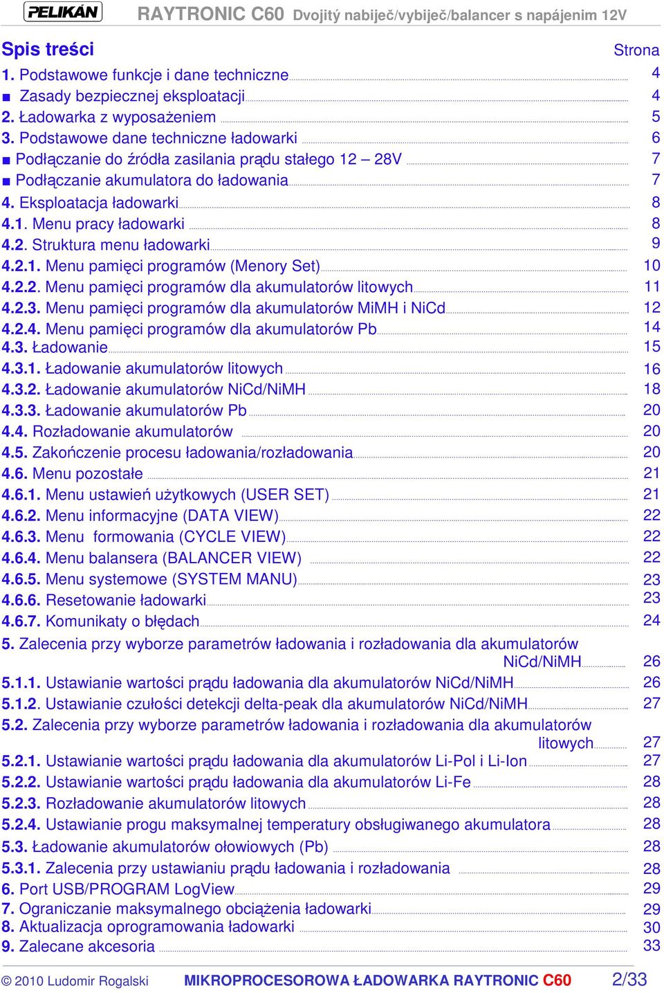 .. 9 4.2.1. Menu pamięci programów (Menory Set)... 10 4.2.2. Menu pamięci programów dla akumulatorów litowych... 11 4.2.3. Menu pamięci programów dla akumulatorów MiMH i NiCd 12 4.2.4. Menu pamięci programów dla akumulatorów Pb.