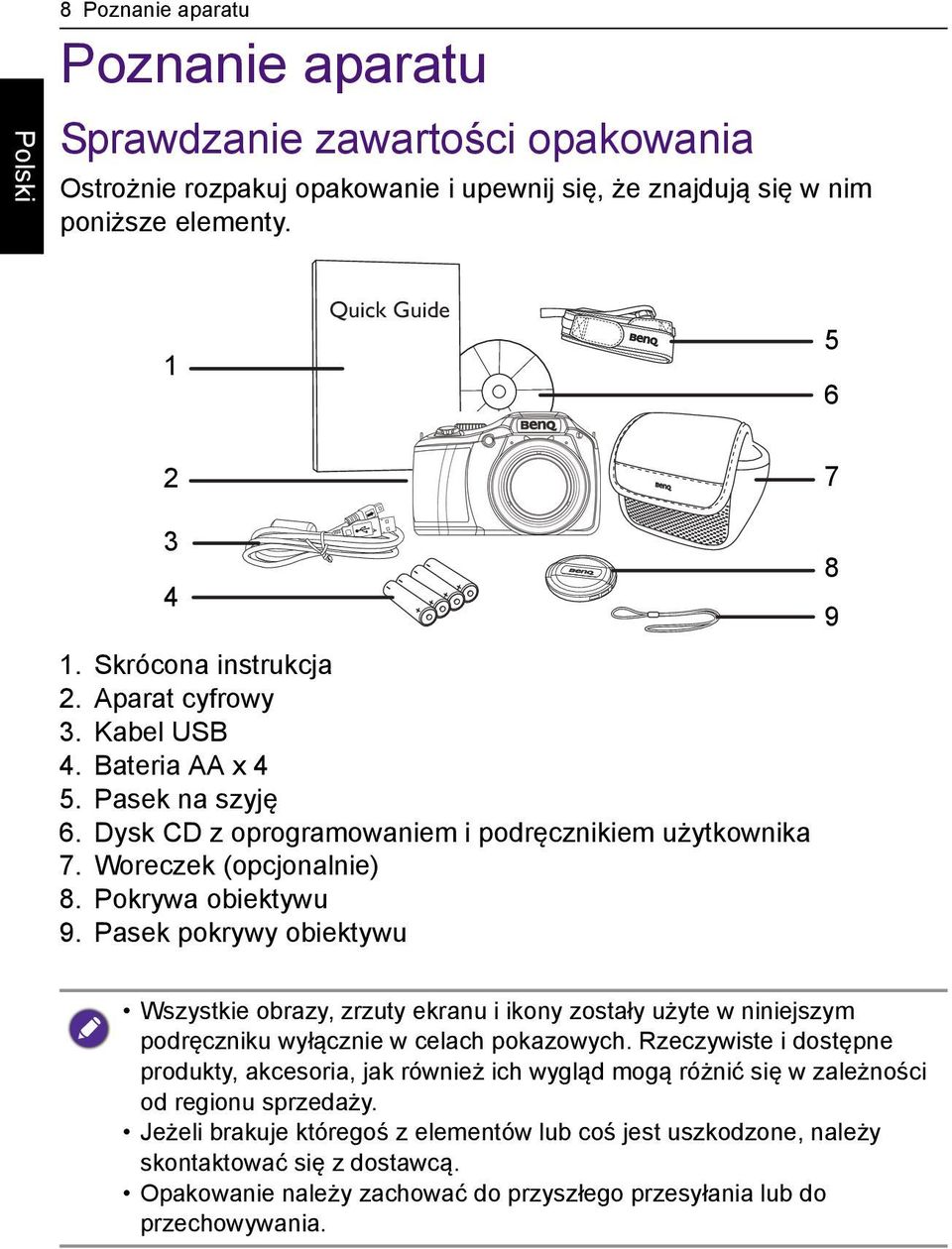 Pasek pokrywy obiektywu 8 9 Wszystkie obrazy, zrzuty ekranu i ikony zostały użyte w niniejszym podręczniku wyłącznie w celach pokazowych.