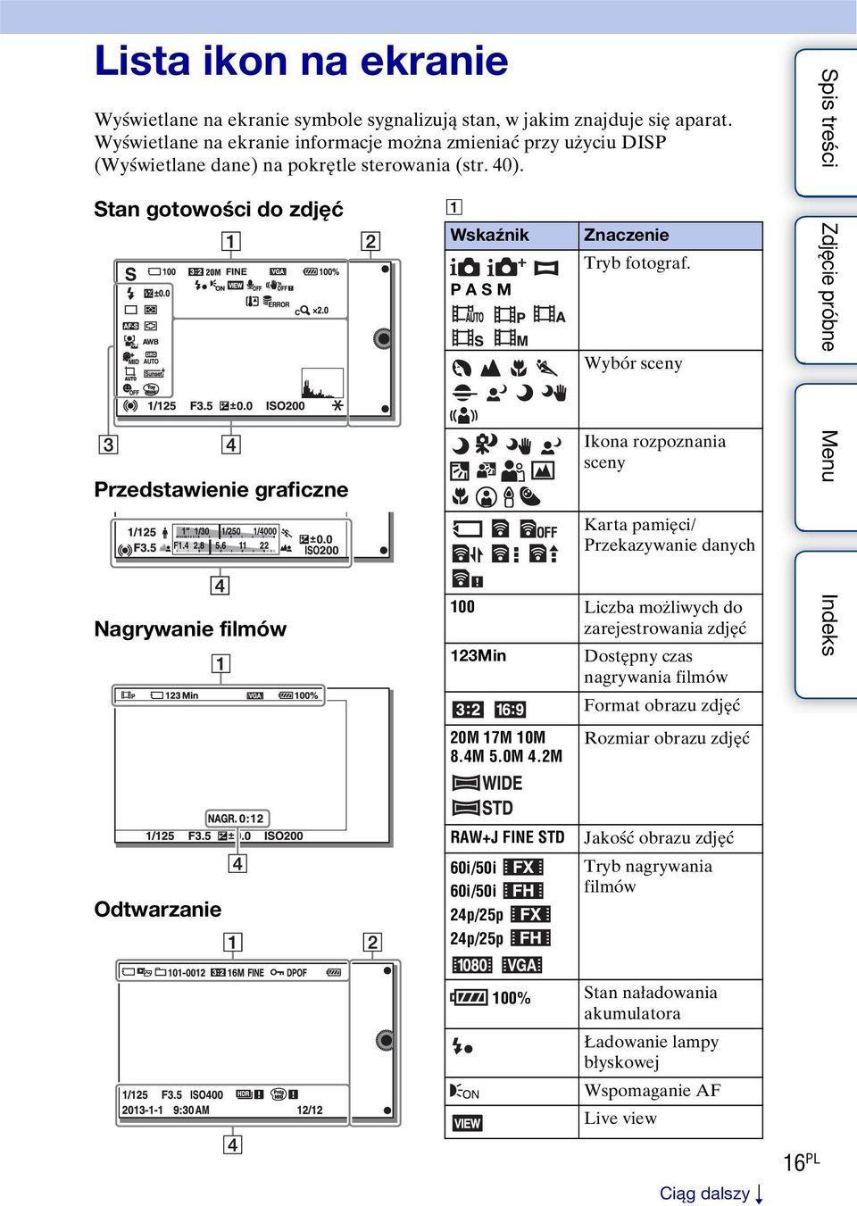 Stan gotowości do zdjęć Przedstawienie graficzne 4 Nagrywanie filmów A Wskaźnik P A S M Znaczenie Tryb fotograf.
