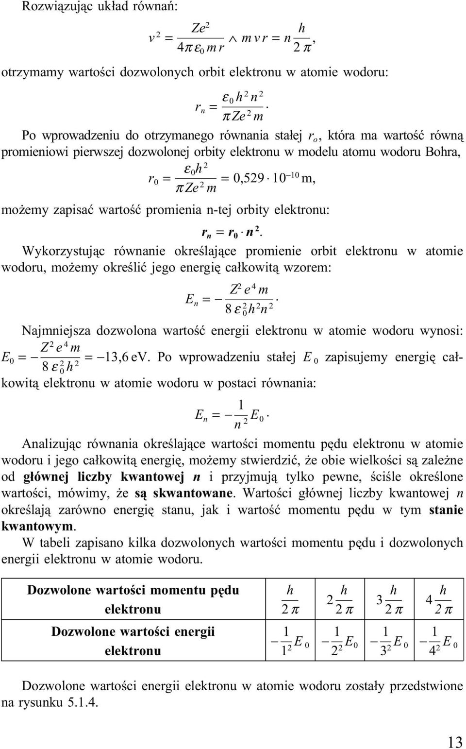 zapisać wartość promienia n-tej orbity elektronu: r n = r 0 n 2.