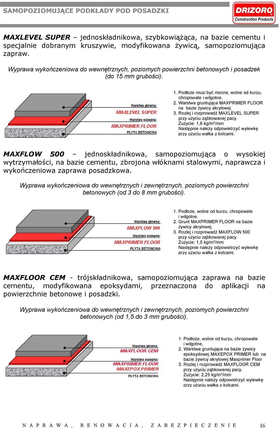 Warstwa gruntująca MAXPRIMER FLOOR na bazie żywicy akrylowej. 3. Rozlej i rozprowadź MAXLEVEL SUPER przy użyciu ząbkowanej pacy.