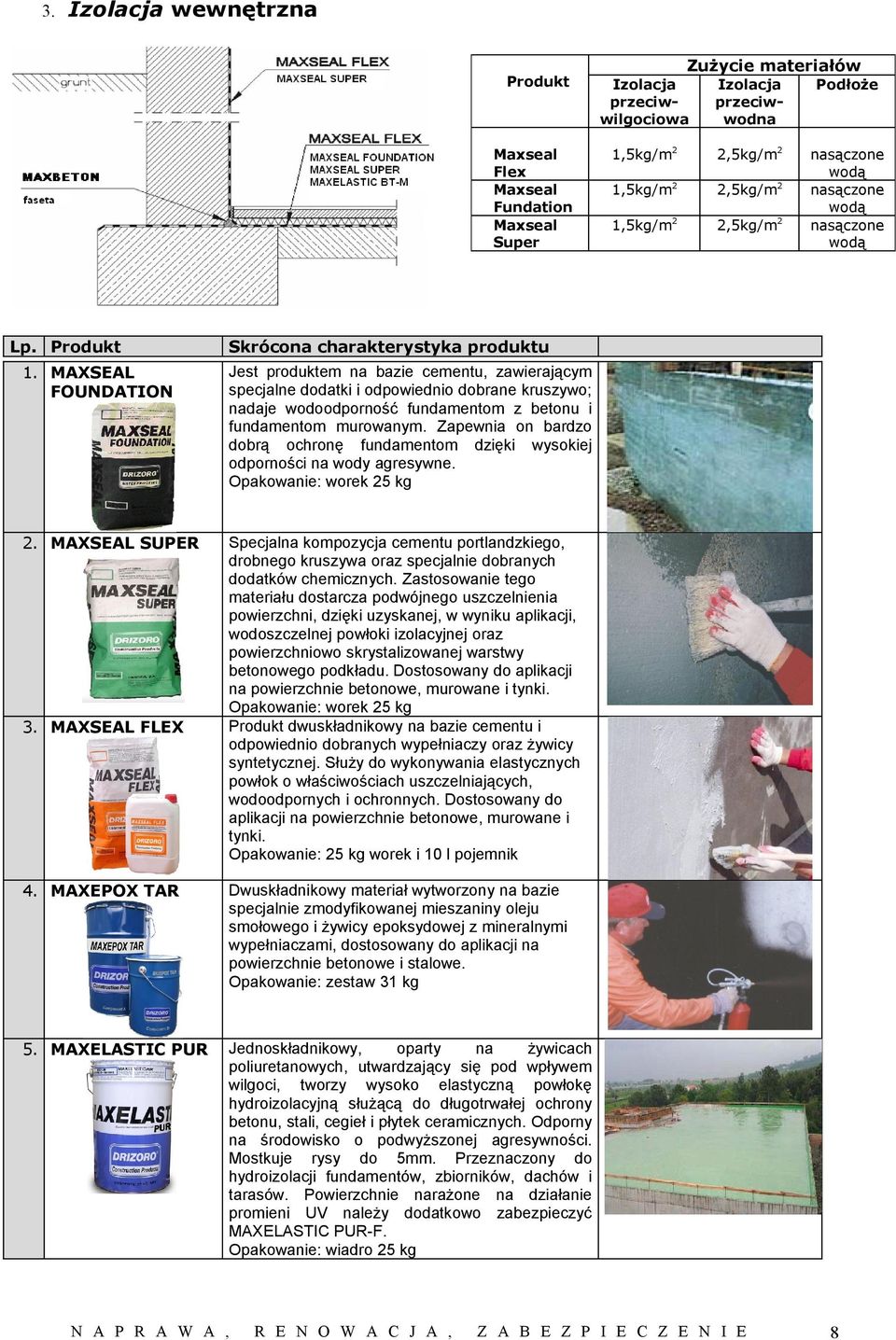 MAXSEAL FOUNDATION Jest produktem na bazie cementu, zawierającym specjalne dodatki i odpowiednio dobrane kruszywo; nadaje wodoodporność fundamentom z betonu i fundamentom murowanym.