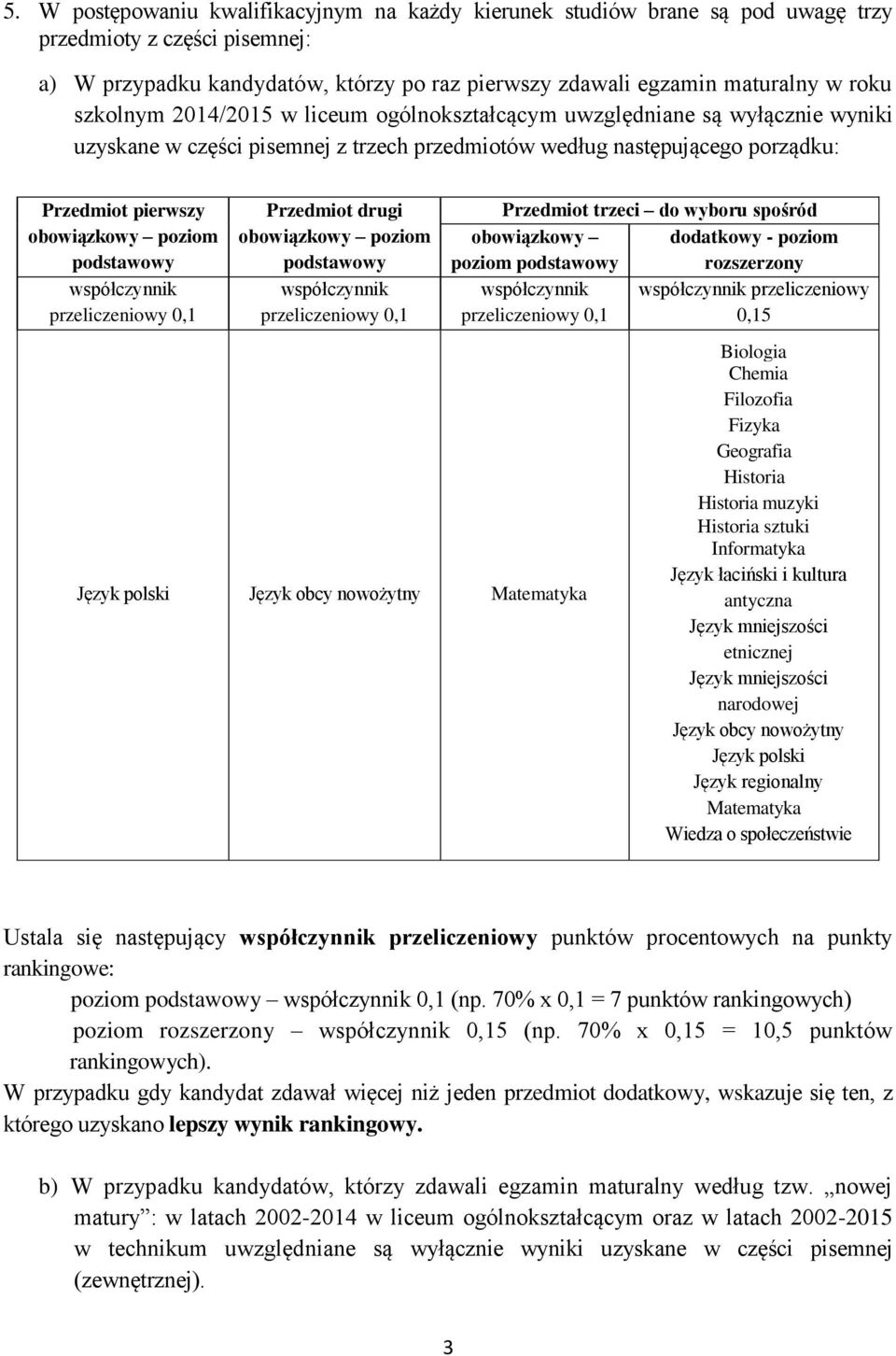 podstawowy współczynnik przeliczeniowy 0,1 Przedmiot drugi obowiązkowy poziom podstawowy współczynnik przeliczeniowy 0,1 Język polski Język obcy nowożytny Matematyka Przedmiot trzeci do wyboru