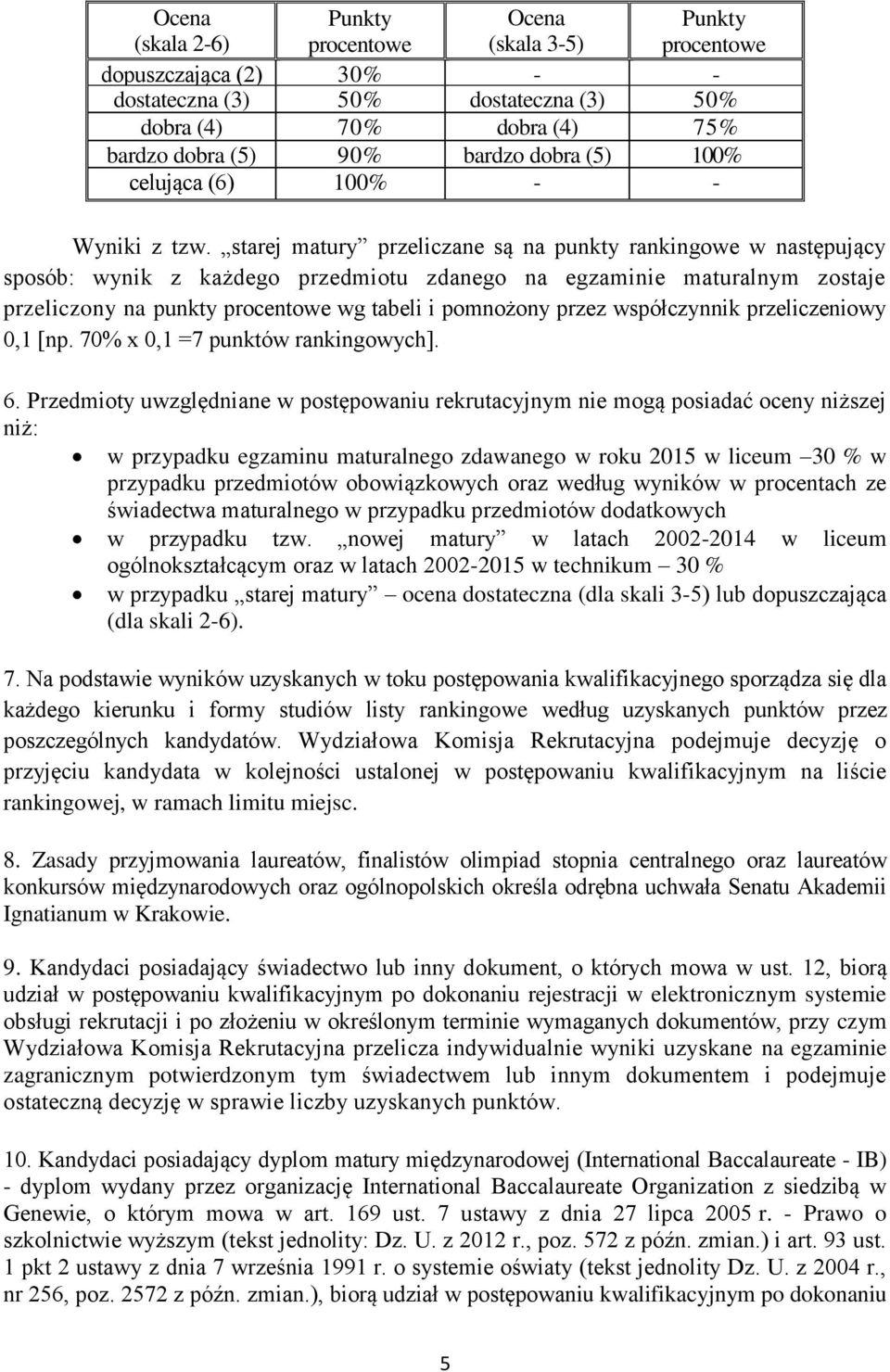 starej matury przeliczane są na punkty rankingowe w następujący sposób: wynik z każdego przedmiotu zdanego na egzaminie maturalnym zostaje przeliczony na punkty procentowe wg tabeli i pomnożony przez