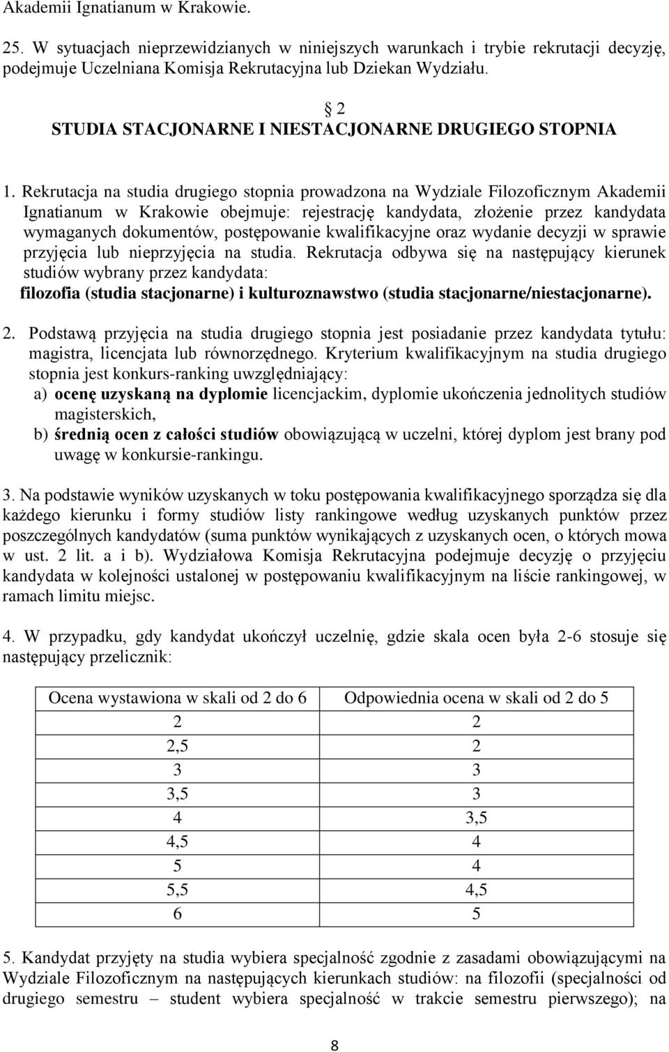 Rekrutacja na studia drugiego stopnia prowadzona na Wydziale Filozoficznym Akademii Ignatianum w Krakowie obejmuje: rejestrację kandydata, złożenie przez kandydata wymaganych dokumentów, postępowanie