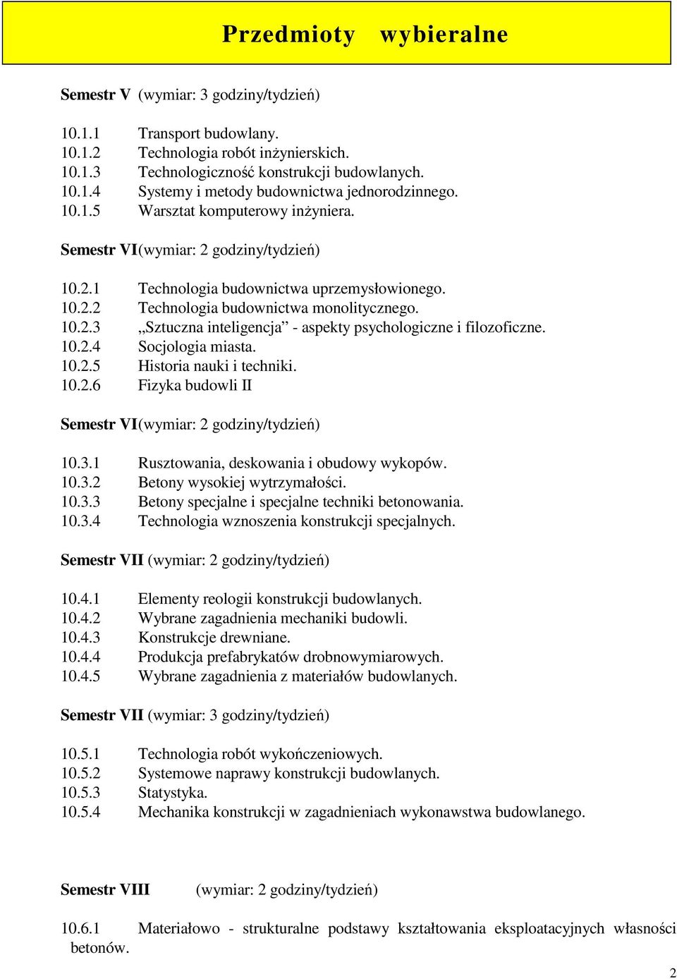 10.2.4 Socjologia miasta. 10.2.5 Historia nauki i techniki. 10.2.6 Fizyka budowli II Semestr VI (wymiar: 2 godziny/tydzień) 10.3.1 Rusztowania, deskowania i obudowy wykopów. 10.3.2 Betony wysokiej wytrzymałości.