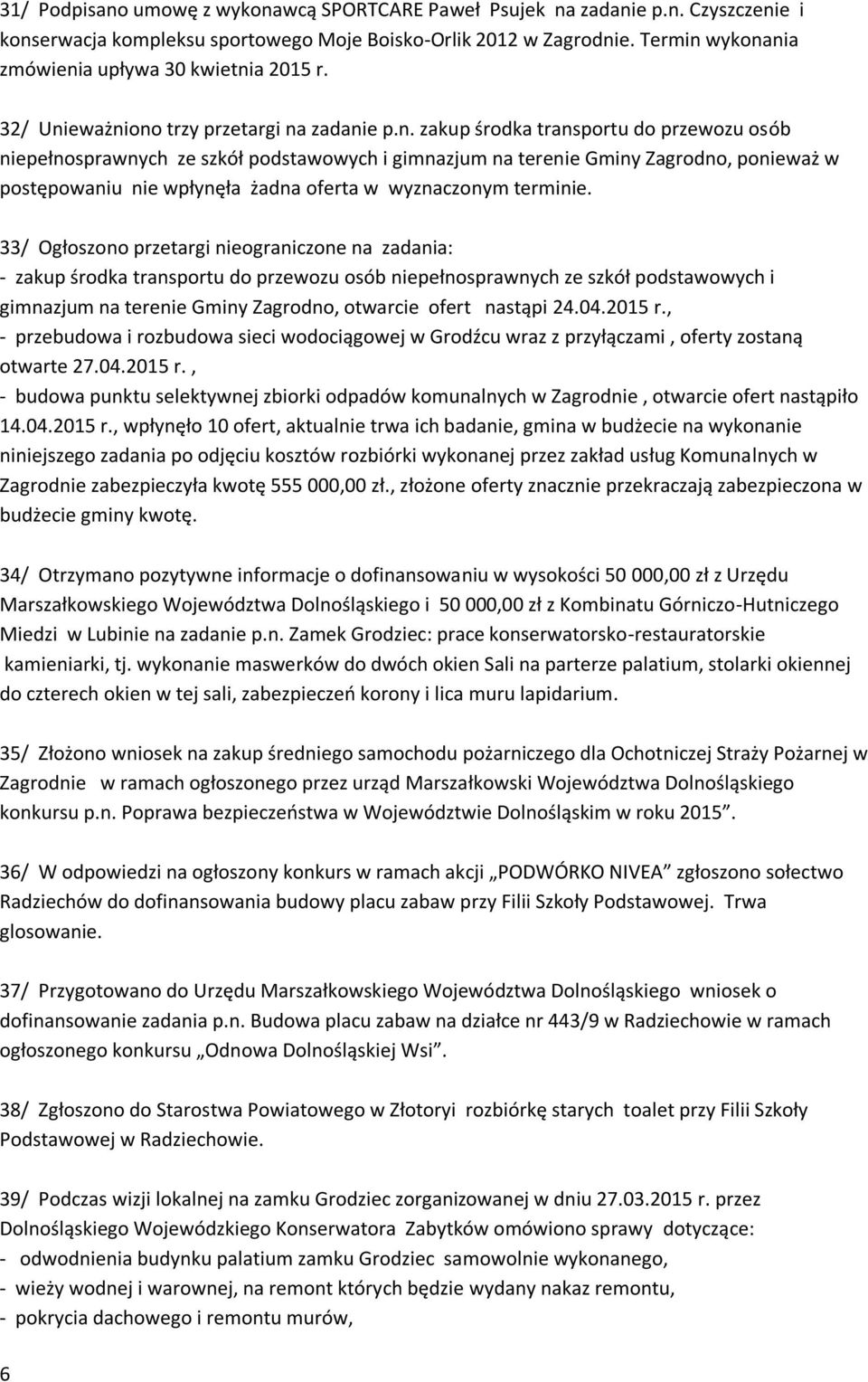 wykonania zmówienia upływa 30 kwietnia 2015 r. 32/ Unieważniono trzy przetargi na zadanie p.n. zakup środka transportu do przewozu osób niepełnosprawnych ze szkół podstawowych i gimnazjum na terenie Gminy Zagrodno, ponieważ w postępowaniu nie wpłynęła żadna oferta w wyznaczonym terminie.