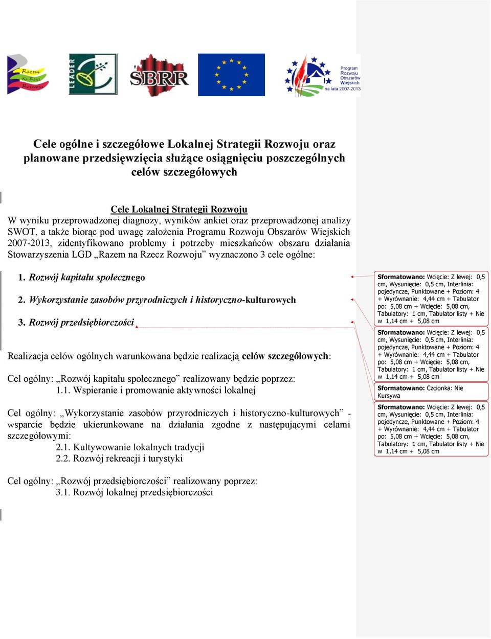 Stowarzyszenia LGD Razem na Rzecz Rozwoju wyznaczono 3 cele ogólne: 1. Rozwój kapitału społecznego 2. Wykorzystanie zasobów przyrodniczych i historyczno-kulturowych 3.