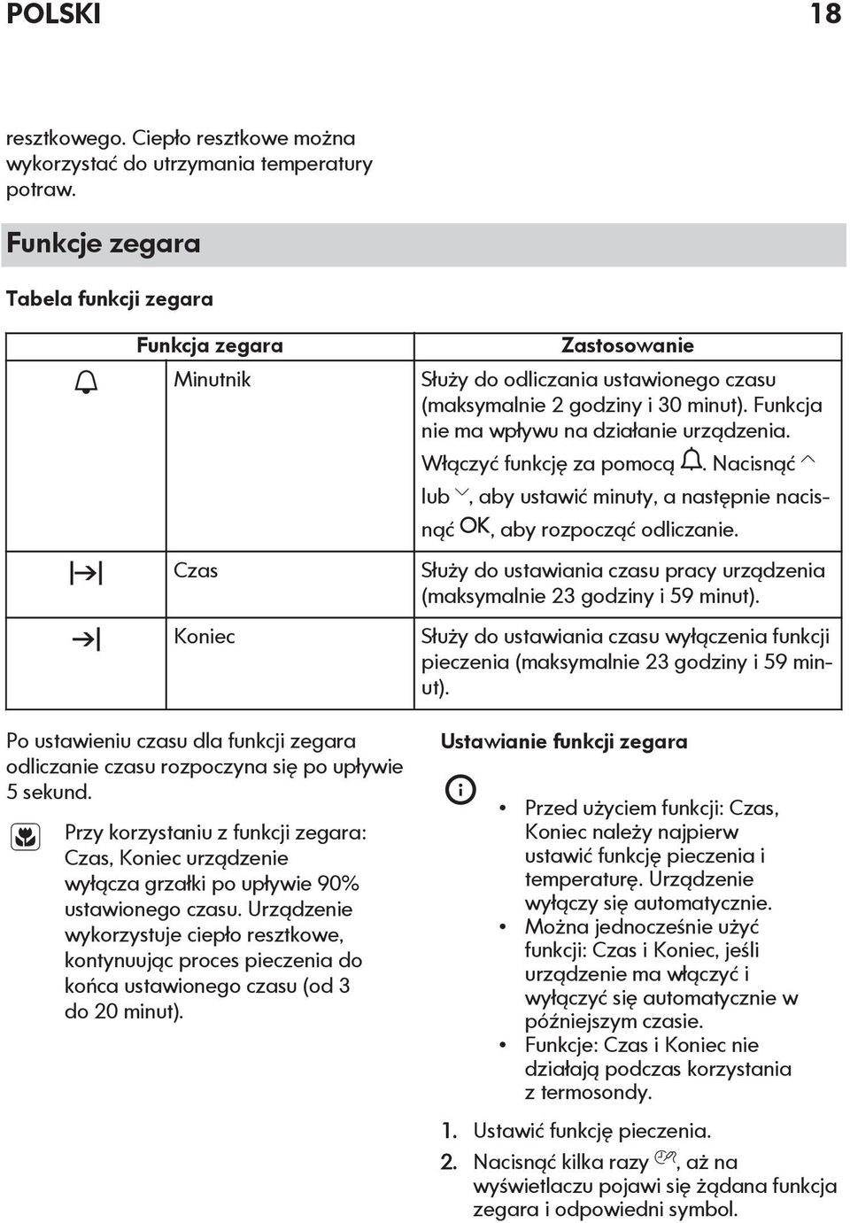 Przy korzystaniu z funkcji zegara: Czas, Koniec urządzenie wyłącza grzałki po upływie 90% ustawionego czasu.