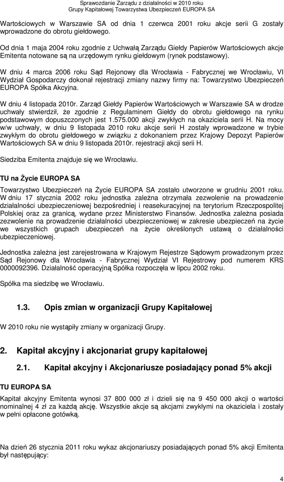 W dniu 4 marca 2006 roku Sąd Rejonowy dla Wrocławia - Fabrycznej we Wrocławiu, VI Wydział Gospodarczy dokonał rejestracji zmiany nazwy firmy na: Towarzystwo Ubezpieczeń EUROPA Spółka Akcyjna.