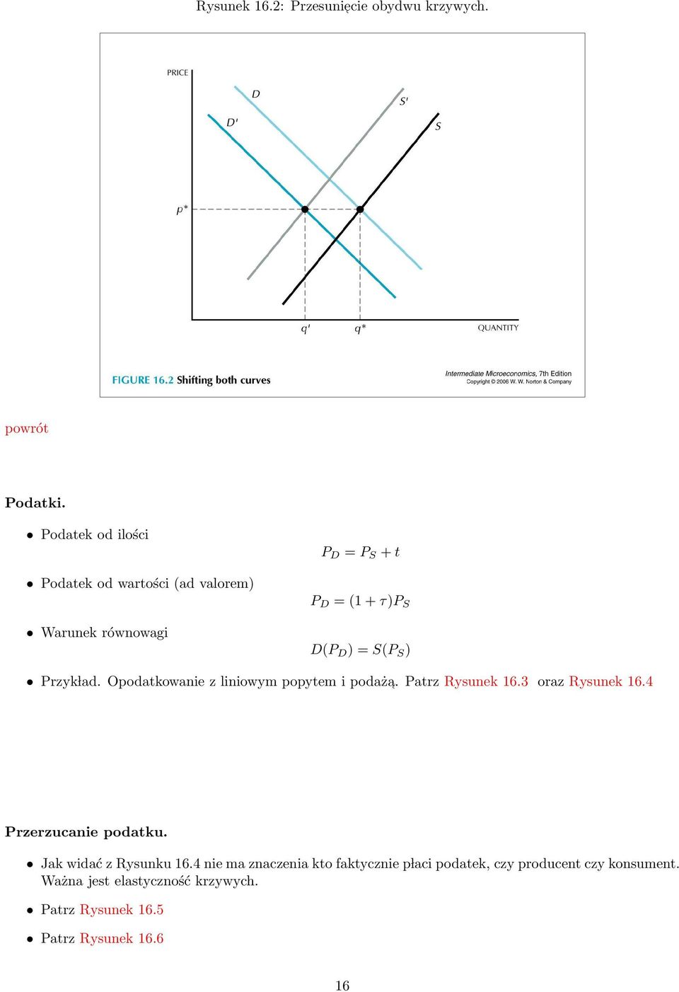 ) Przyk lad. Opodatkowanie z liniowym popytem i podaża. Patrz Rysunek 16.3 oraz Rysunek 16.4 Przerzucanie podatku.