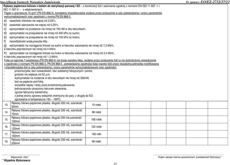 a) zawartość chlorków nie więcej niż 0,05%; b) zawartość siarczanów nie więcej niż 0,25%; c) wytrzymałość na przedarcie nie mniej niż 700 nm w obu kierunkach; d) wytrzymałość na przepuklenie nie