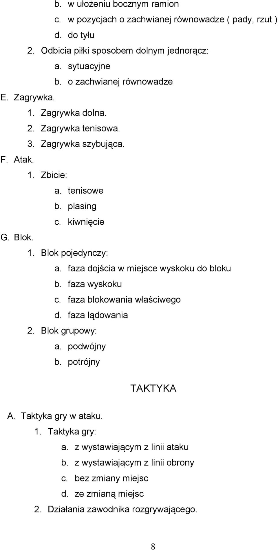 faza dojścia w miejsce wyskoku do bloku b. faza wyskoku c. faza blokowania właściwego d. faza lądowania 2. Blok grupowy: a. podwójny b. potrójny TAKTYKA A.