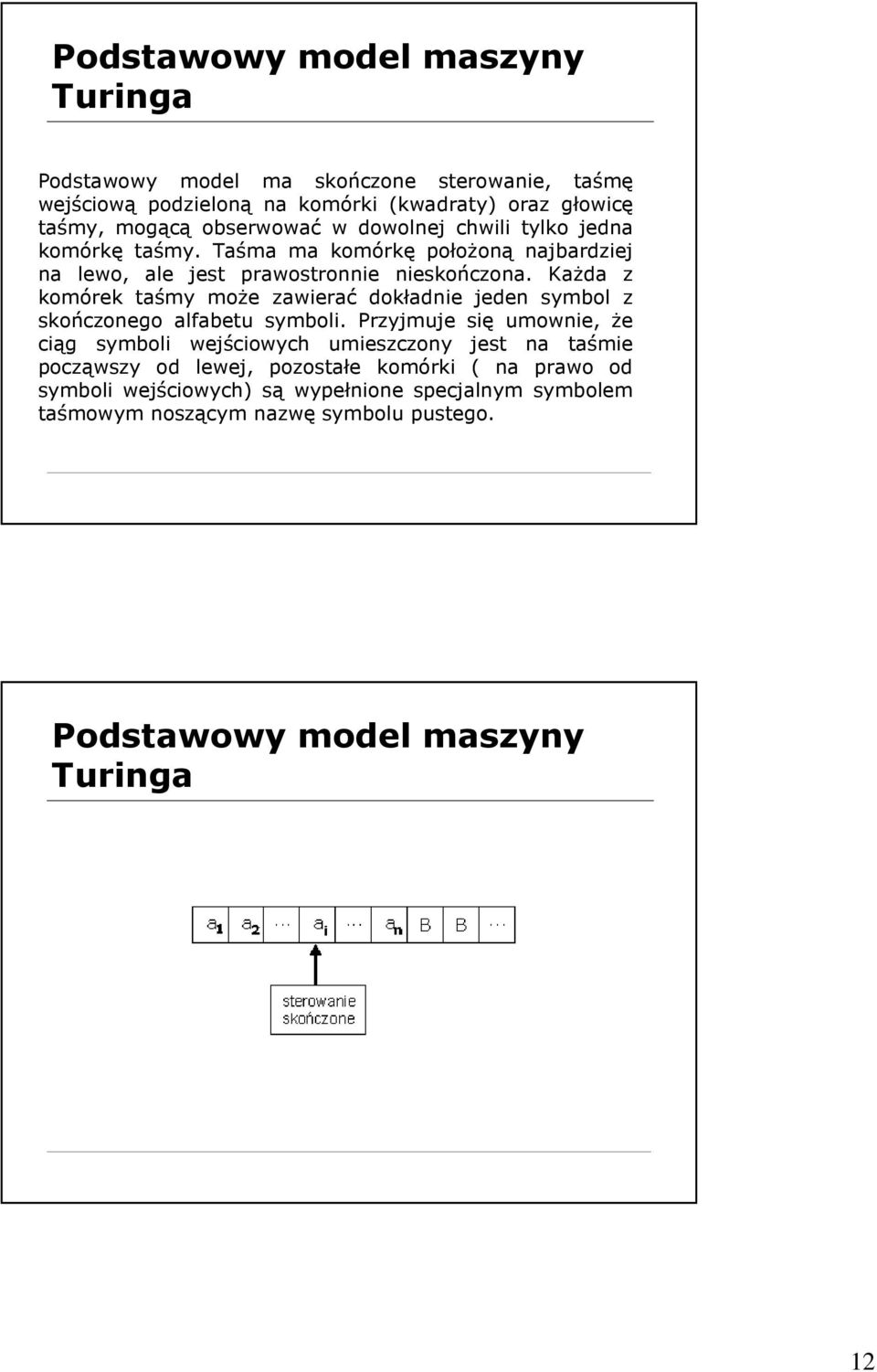 KaŜda z komórek taśmy moŝe zawierać dokładnie jeden symbol z skończonego alfabetu symboli.