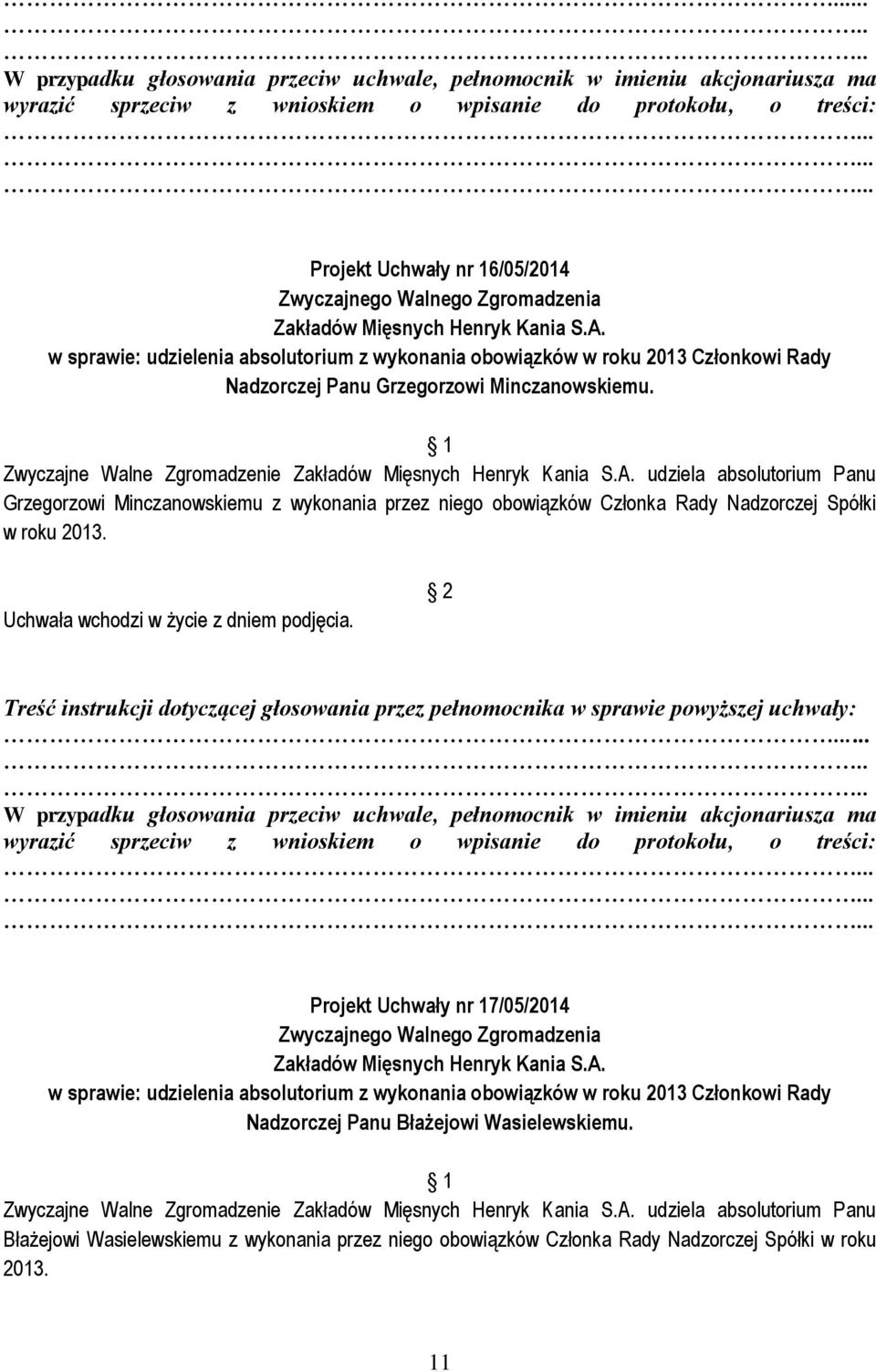 2013. Projekt Uchwały nr 17/05/2014 w sprawie: udzielenia absolutorium z wykonania obowiązków w roku 2013 Członkowi Rady Nadzorczej Panu Błażejowi