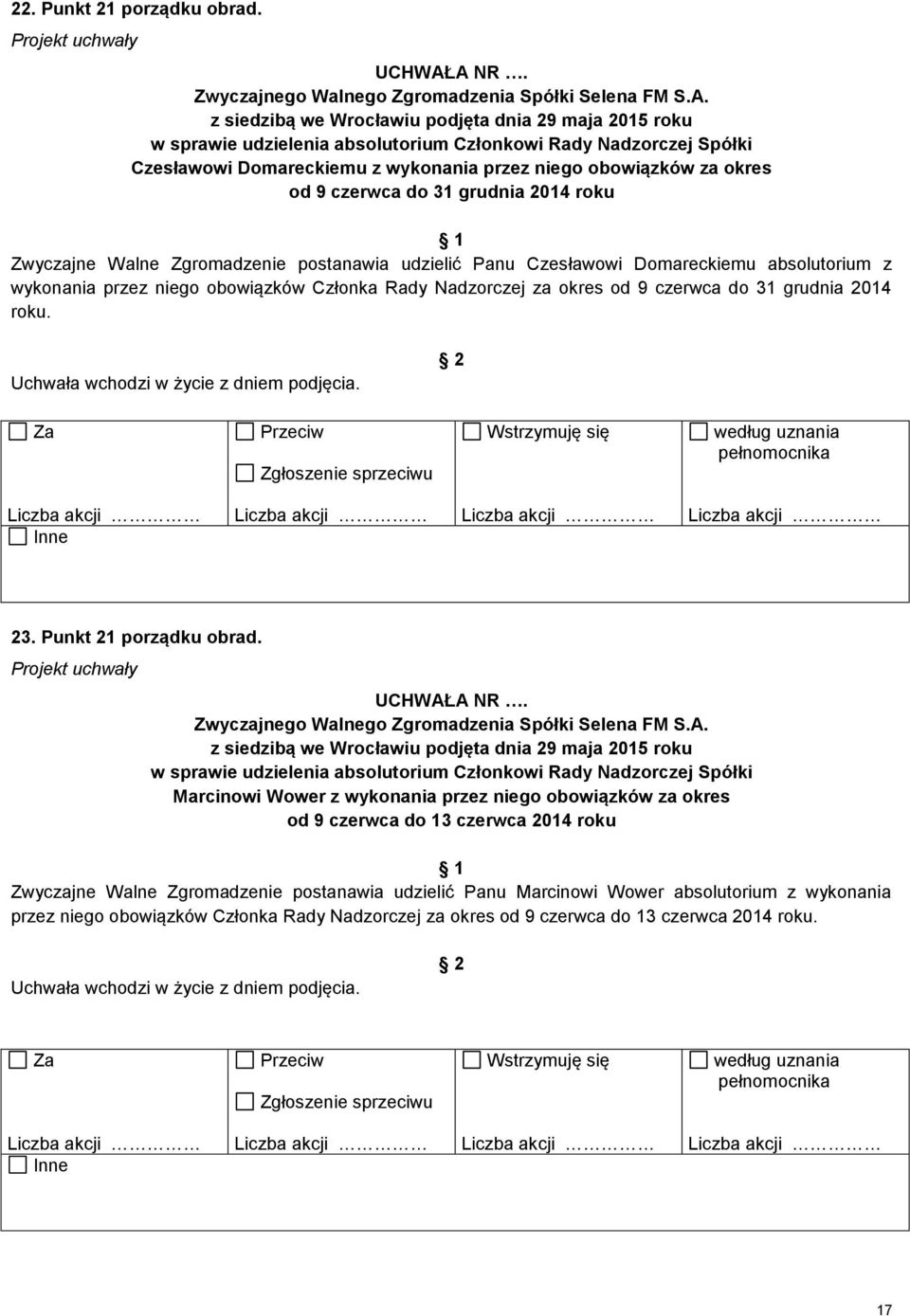 Zgromadzenie postanawia udzielić Panu Czesławowi Domareckiemu absolutorium z wykonania przez niego obowiązków Członka Rady Nadzorczej za okres od 9 czerwca do 31 grudnia 2014 roku. 23.