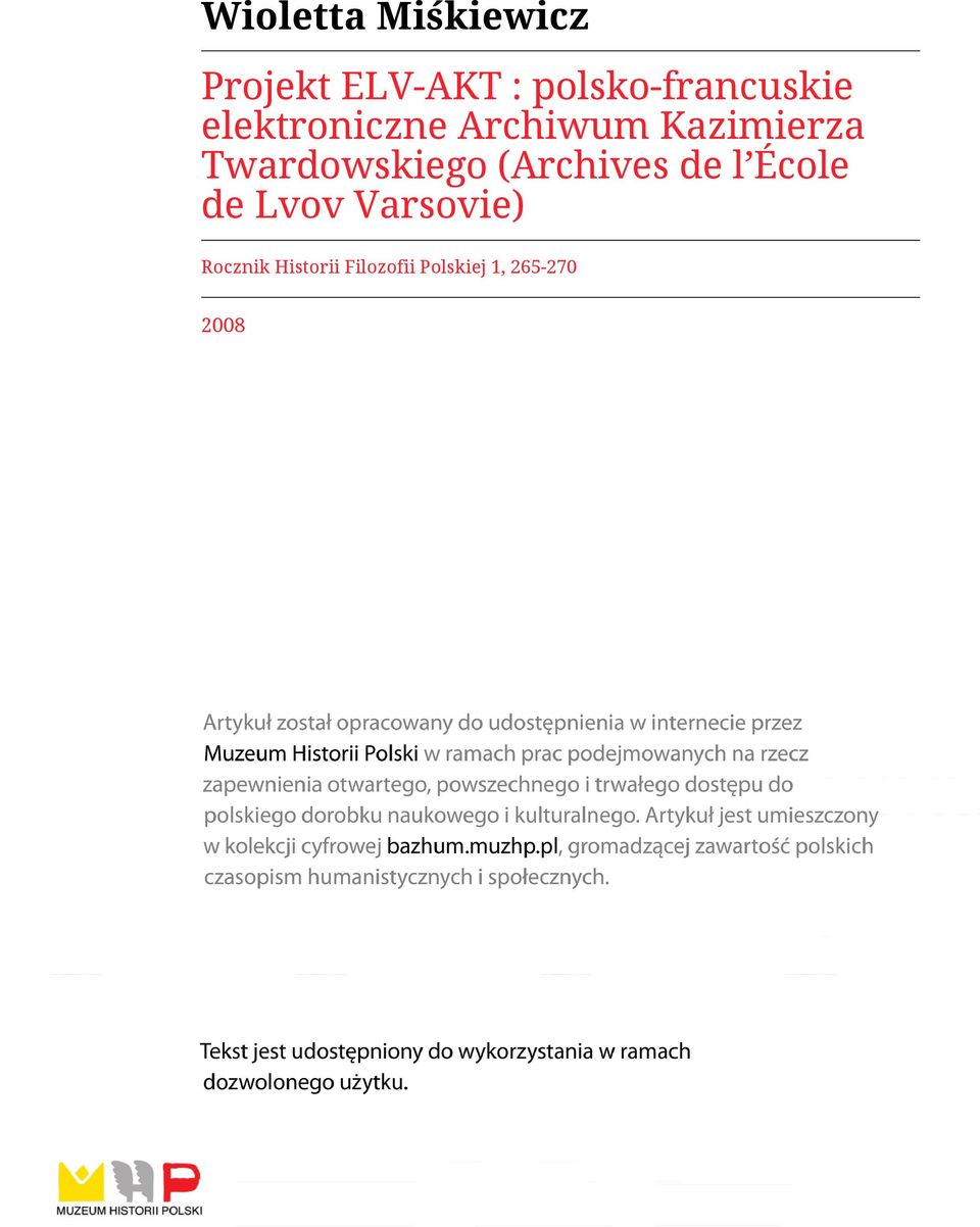 Kazimierza Twardowskiego (Archives de l École de