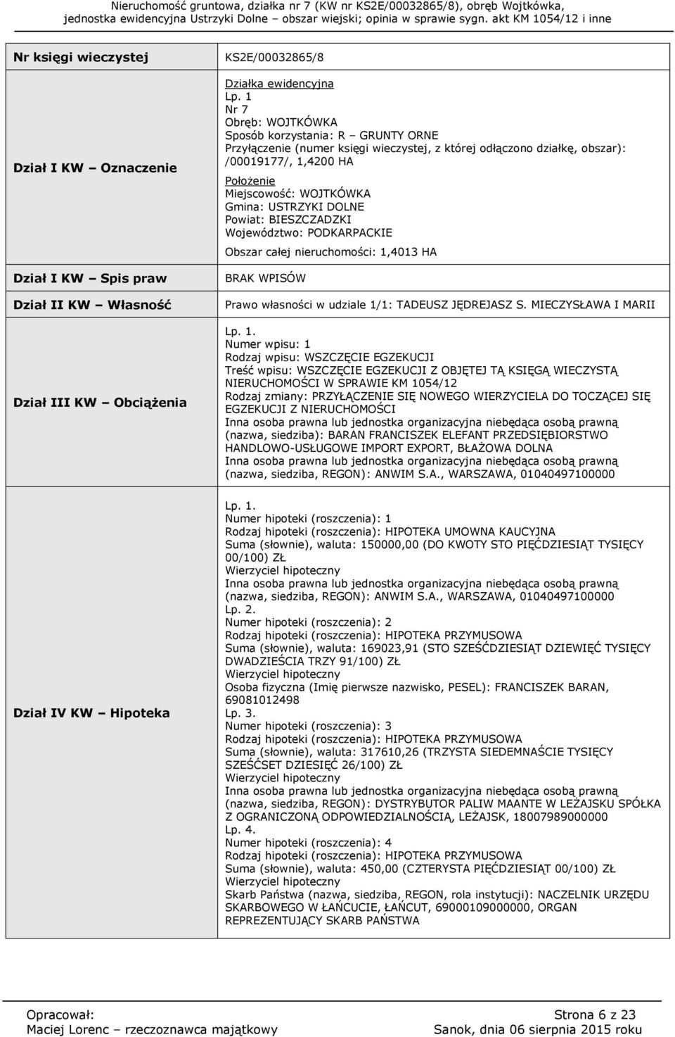 USTRZYKI DOLNE Powiat: BIESZCZADZKI Województwo: PODKARPACKIE Obszar całej nieruchomości: 1,