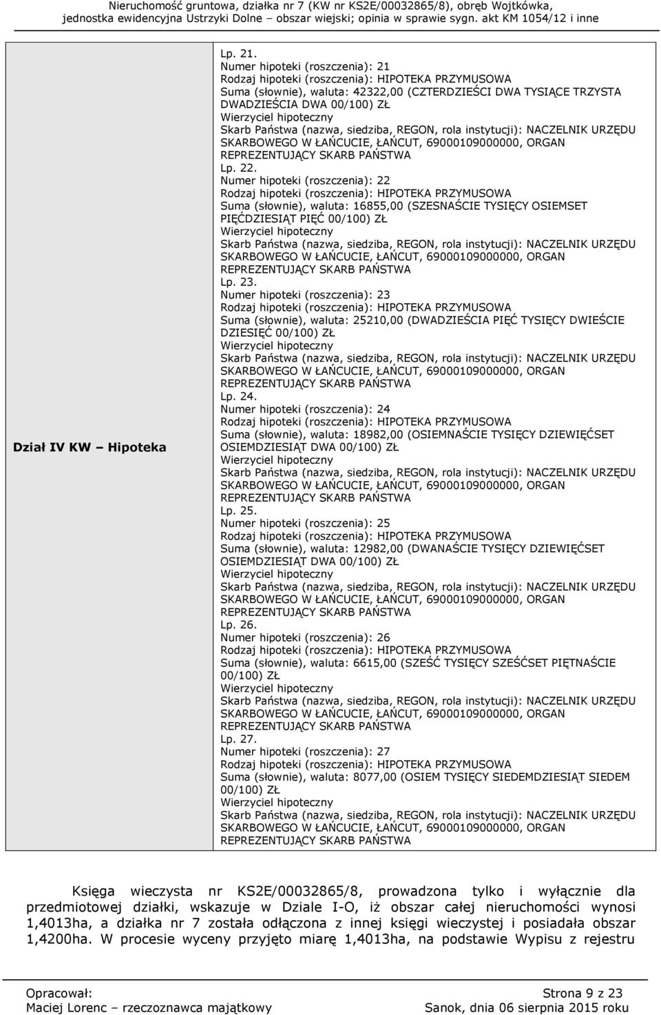 Numer hipoteki (roszczenia): 23 Suma (słownie), waluta: 25210,00 (DWADZIEŚCIA PIĘĆ TYSIĘCY DWIEŚCIE DZIESIĘĆ 00/100) ZŁ Lp. 24.