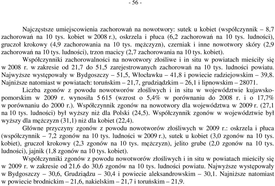 Współczynniki zachorowalności na nowotwory złośliwe i in situ w powiatach mieściły się w 2008 r. w zakresie od 21,7 do 51,5 zarejestrowanych zachorowań na 10 tys. ludności powiatu.