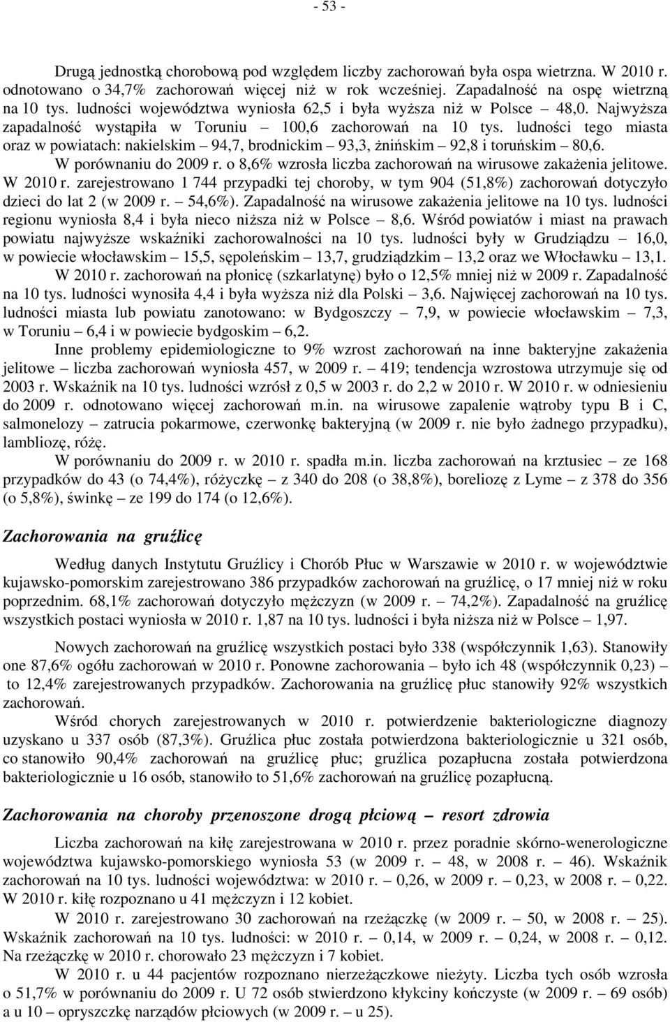 ludności tego miasta oraz w powiatach: nakielskim 94,7, brodnickim 93,3, żnińskim 92,8 i toruńskim 80,6. W porównaniu do 2009 r. o 8,6% wzrosła liczba zachorowań na wirusowe zakażenia jelitowe.