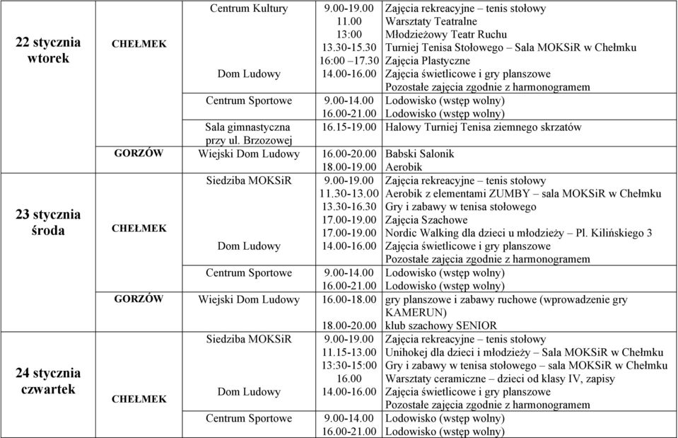 00 Halowy Turniej Tenisa ziemnego skrzatów GORZÓW Wiejski -20.00 Babski Salonik 11.30-13.00 13.30-16.30 GORZÓW Wiejski -18.00 18.00-20.00 11.15-13.