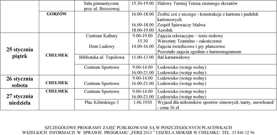 Topolowa 11.00-13.00 Bal karnawałowy Centrum Sportowe Plac Kilińskiego 3 1.06.