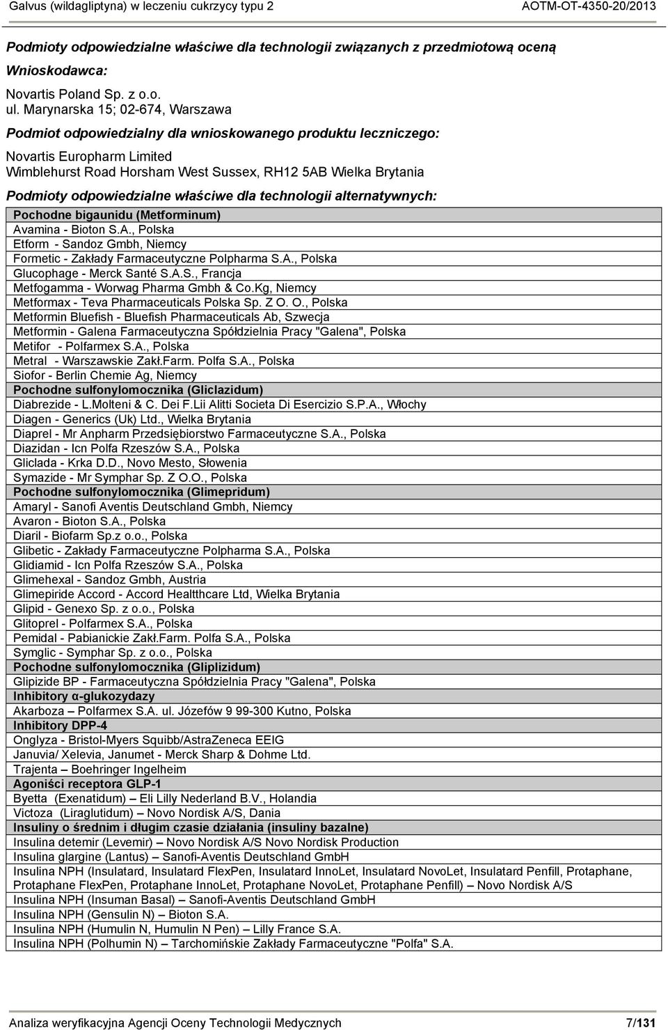 odpowiedzialne właściwe dla technologii alternatywnych: Pochodne bigaunidu (Metforminum) Avamina - Bioton S.A., Polska Etform - Sandoz Gmbh, Niemcy Formetic - Zakłady Farmaceutyczne Polpharma S.A., Polska Glucophage - Merck Santé S.