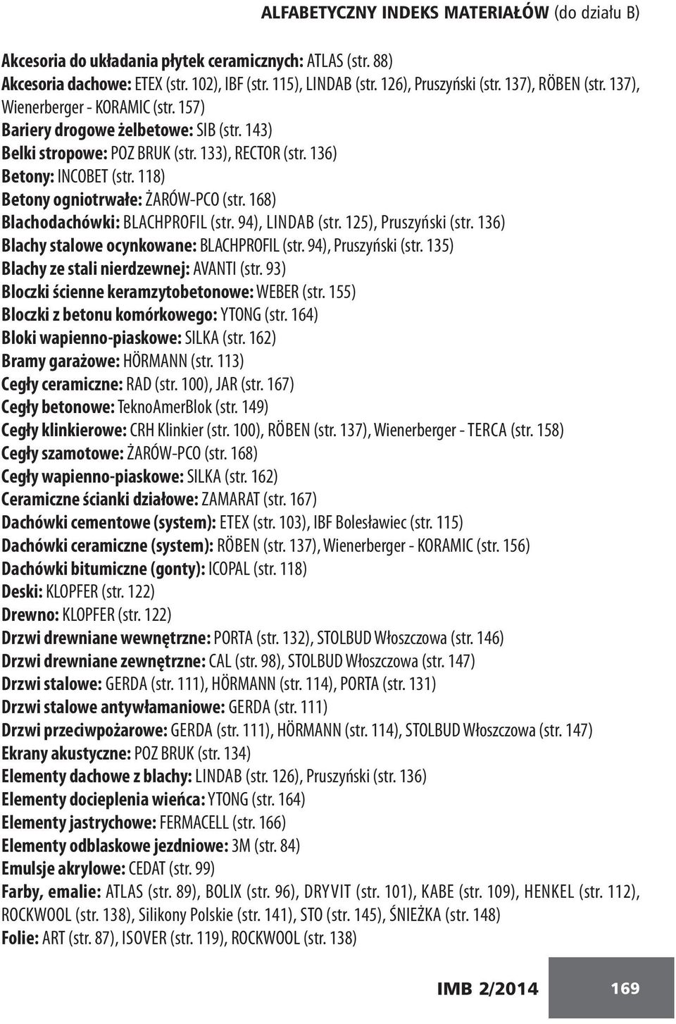 118) Betony ogniotrwałe: ŻARÓW-PCO (str. 168) Blachodachówki: BLACHPROFIL (str. 94), LINDAB (str. 125), Pruszyński (str. 136) Blachy stalowe ocynkowane: BLACHPROFIL (str. 94), Pruszyński (str.