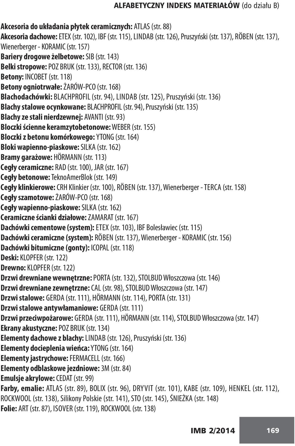 118) Betony ogniotrwałe: ŻARÓW-PCO (str. 168) Blachodachówki: BLACHPROFIL (str. 94), LINDAB (str. 125), Pruszyński (str. 136) Blachy stalowe ocynkowane: BLACHPROFIL (str. 94), Pruszyński (str.