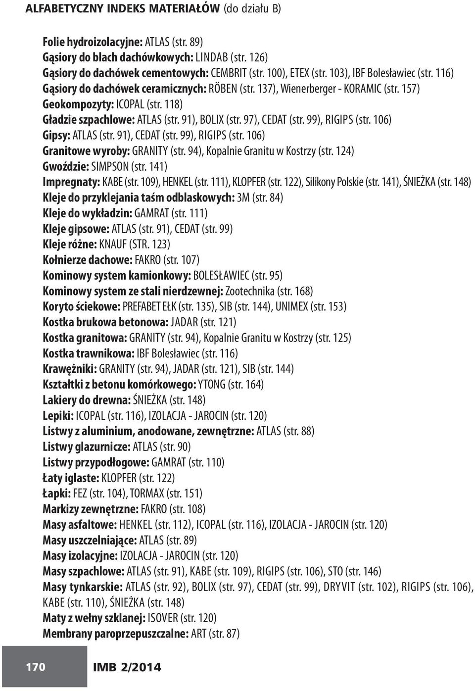 97), CEDAT (str. 99), RIGIPS (str. 106) Gipsy: ATLAS (str. 91), CEDAT (str. 99), RIGIPS (str. 106) Granitowe wyroby: GRANITY (str. 94), Kopalnie Granitu w Kostrzy (str. 124) Gwoździe: SIMPSON (str.