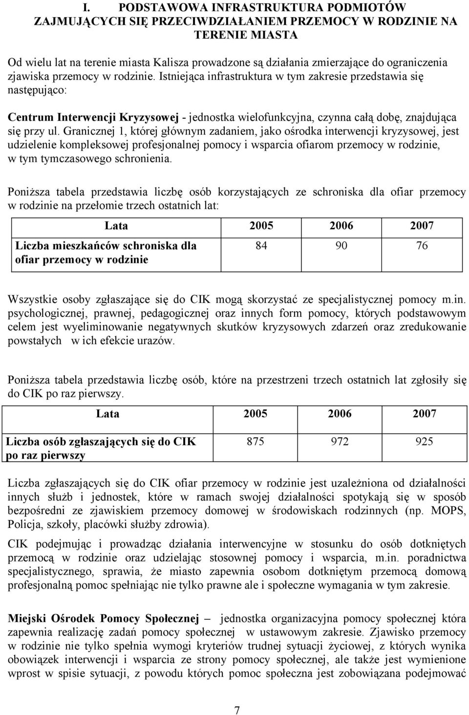 Istniejąca infrastruktura w tym zakresie przedstawia się następująco: Centrum Interwencji Kryzysowej - jednostka wielofunkcyjna, czynna całą dobę, znajdująca się przy ul.