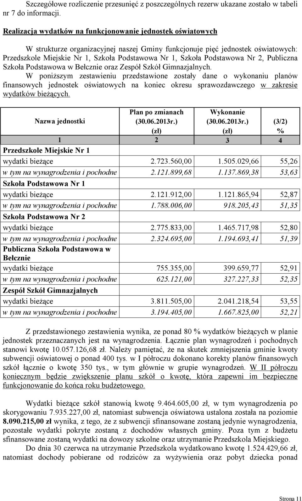 w Becne or Zespó Skó Gmnjlnych. W ponżsym estwenu predstwone osty dne o wykonnu plnów fnnsowych jednostek ośwtowych n konec okresu sprwodwcego w krese wydtków beżących.