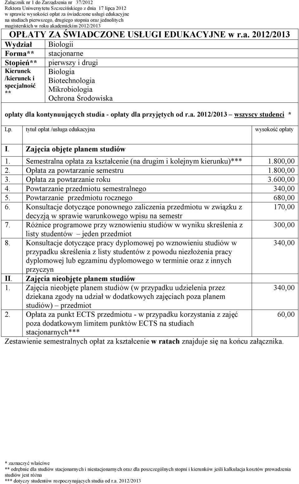 /kierunek i Biotechnologia Mikrobiologia Ochrona Środowiska opłaty dla kontynuujących studia - opłaty dla przyjętych od r.a. 2012/2013 wszyscy studenci * 1.