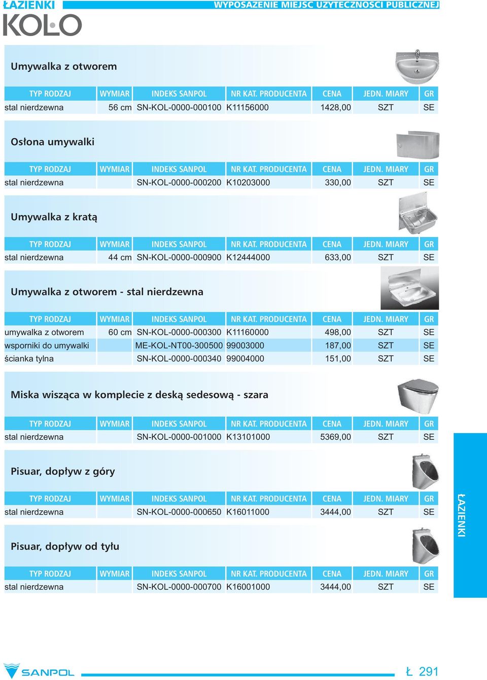 do umywalki ME-KOL-NT00-300500 99003000 187,00 SZT SE cianka tylna SN-KOL-0000-000340 99004000 151,00 SZT SE Miska wisząca w komplecie z deską sedesową - szara stal nierdzewna SN-KOL-0000-001000